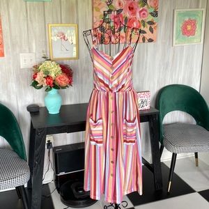 Women’s Spaghetti Strap Midi Dress Stripe False Button Front with Pockets Size S